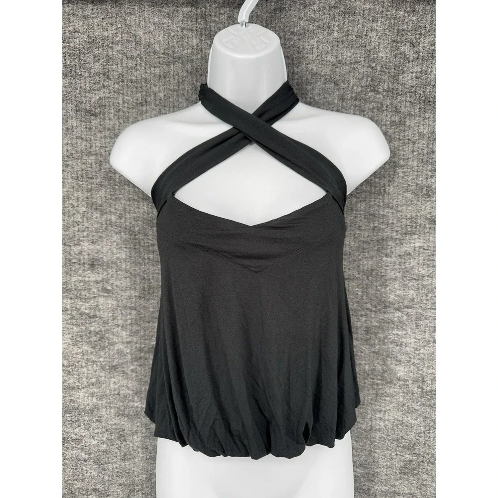 Free People Tank Top Womens S Black Halter Cross Strap Bubble Hem Cami